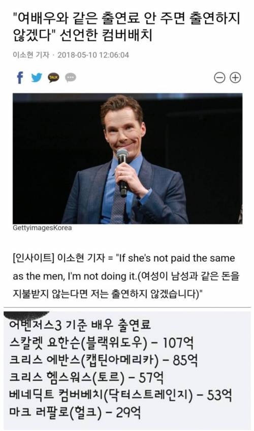 베네딕트 컴버배치 여배우와 같은 출연료 달라