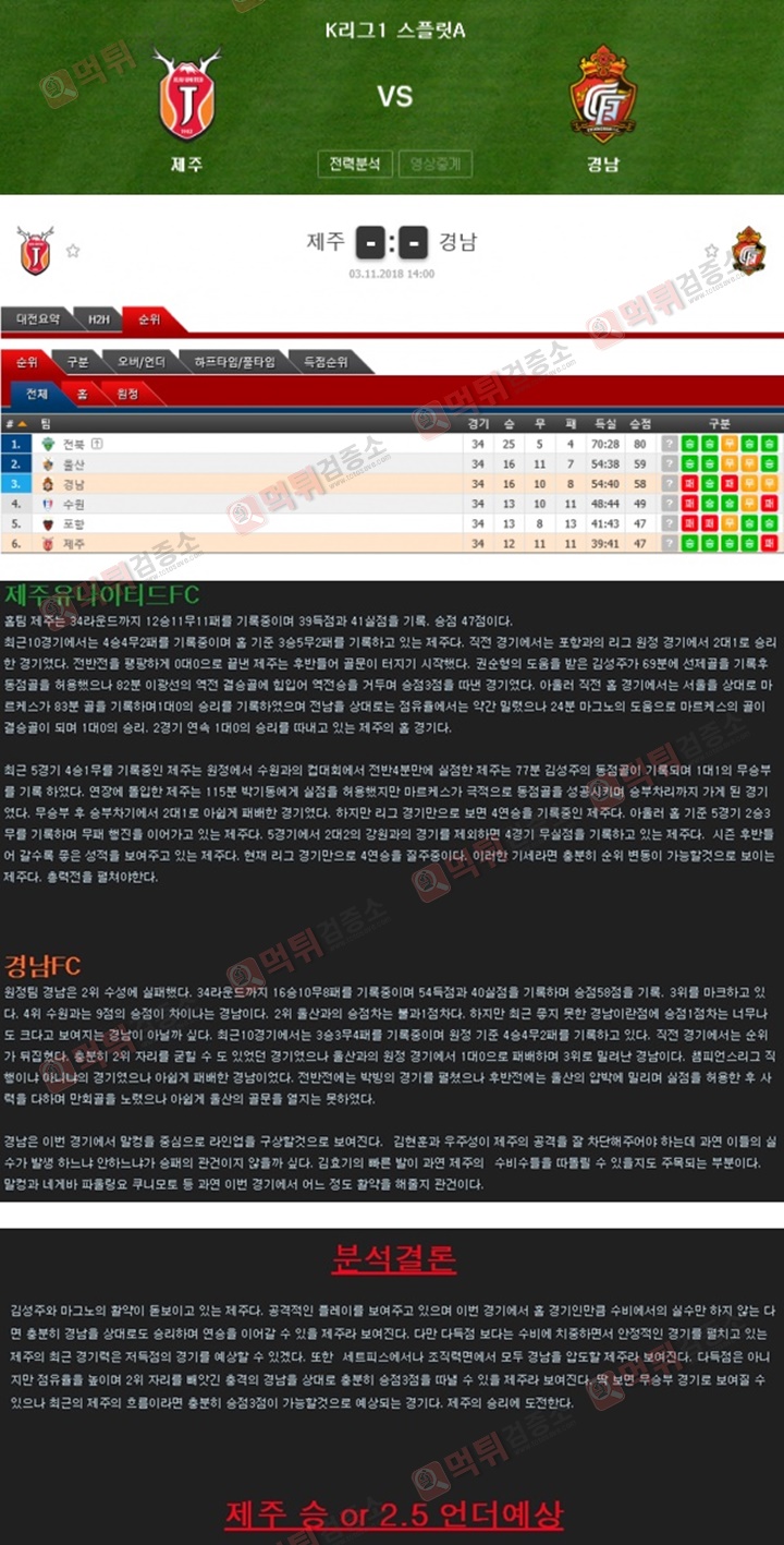 분석픽 K리그1 11월3일 제주FC vs 경남FC 먹튀검증소 분석픽