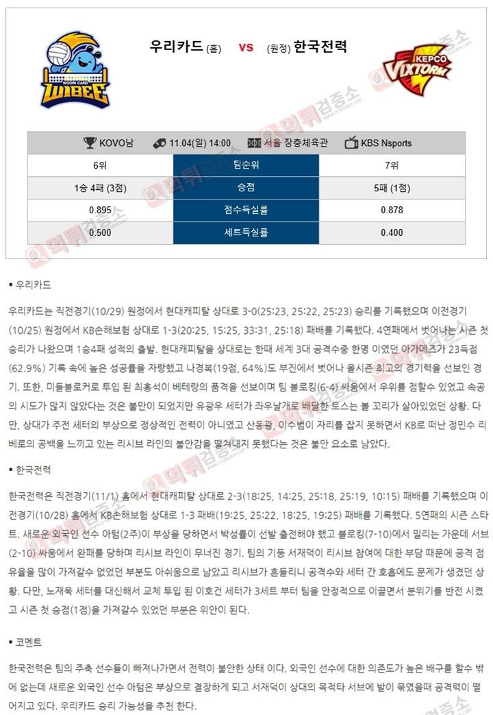 분석픽 KOVO남 11월4일 우리카드 vs 한국전력 먹튀검증소 분석픽