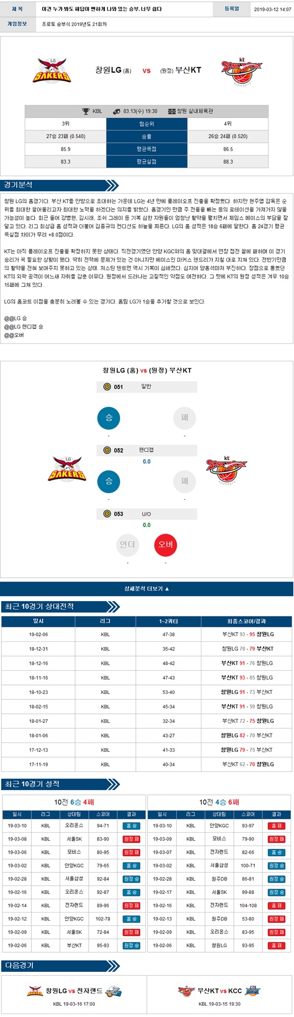 03월13일 KBL 남자프로농구 2경기 버저비터의 분석픽
