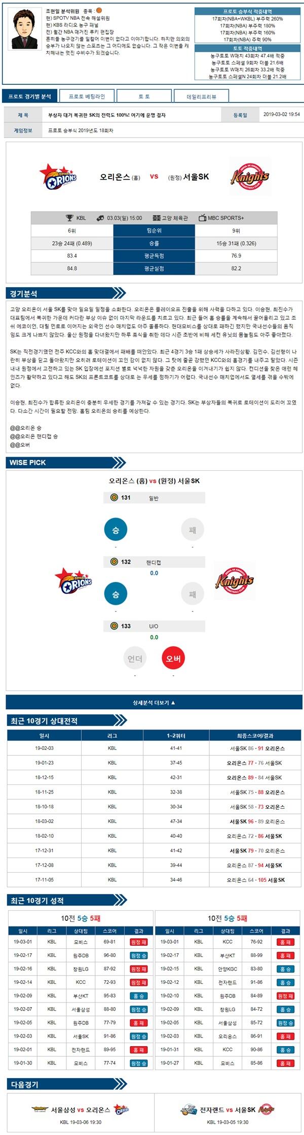 3월3일 KBL 3경기 버저비터의 분석픽