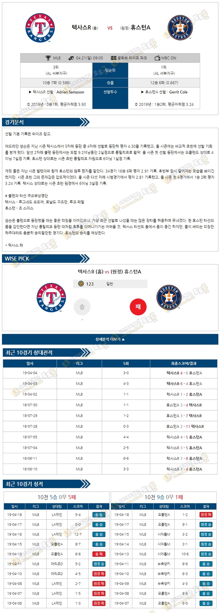 믈브분석 MLB 4월21일 텍사스 vs 휴스턴 토토군 분석