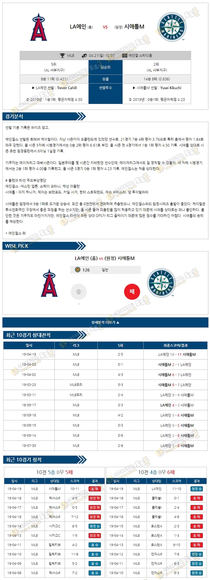 믈브분석 MLB 4월21일 LA에인절스 vs 시애틀 토토군 분석