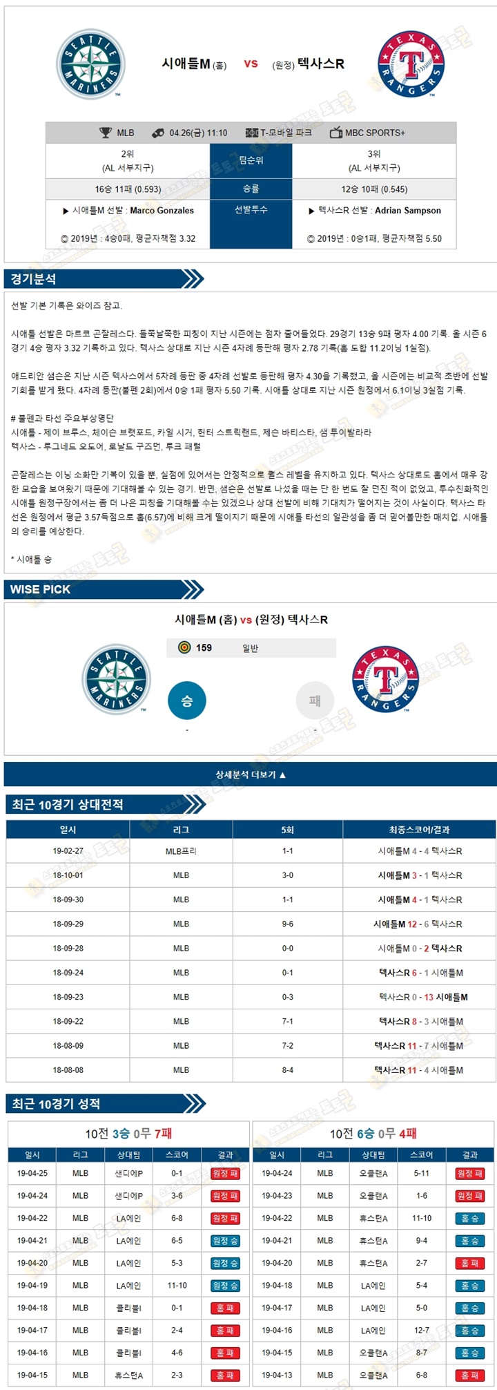 믈브분석 MLB 4월26일 시애틀 vs 텍사스 토토군 분석