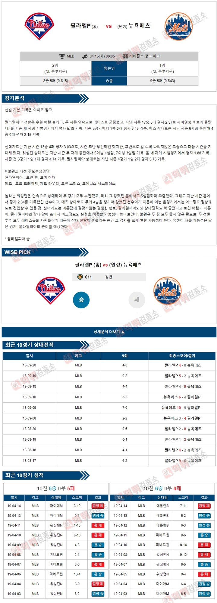 분석픽 MLB 4월16일 필라델피아 vs 뉴욕메츠 먹튀검증소 분석픽