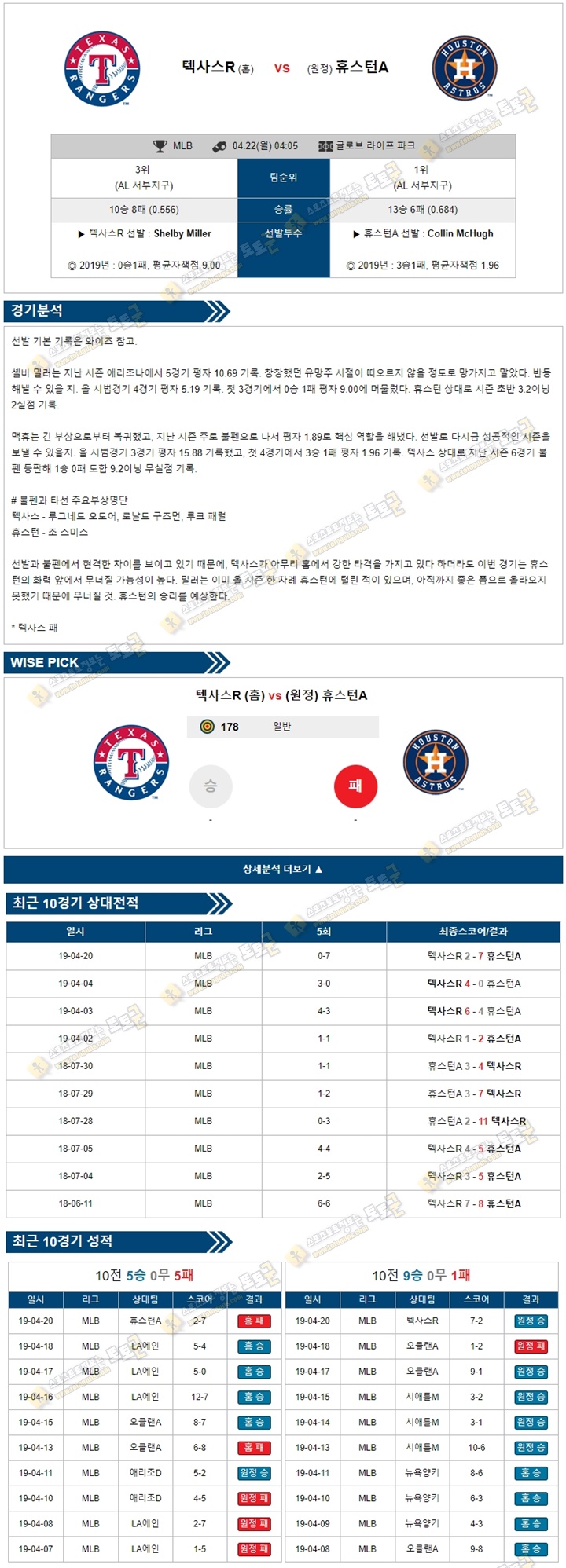 믈브분석 MLB 4월22일 텍사스 vs 휴스턴 토토군 분석