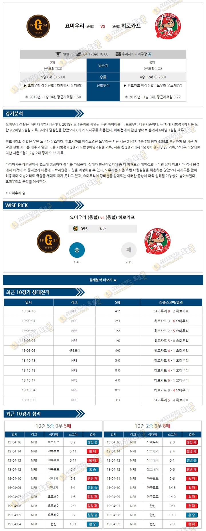 일야분석픽 NPB 4월17일 요미우리언츠 vs 히로시마 토토군 분석