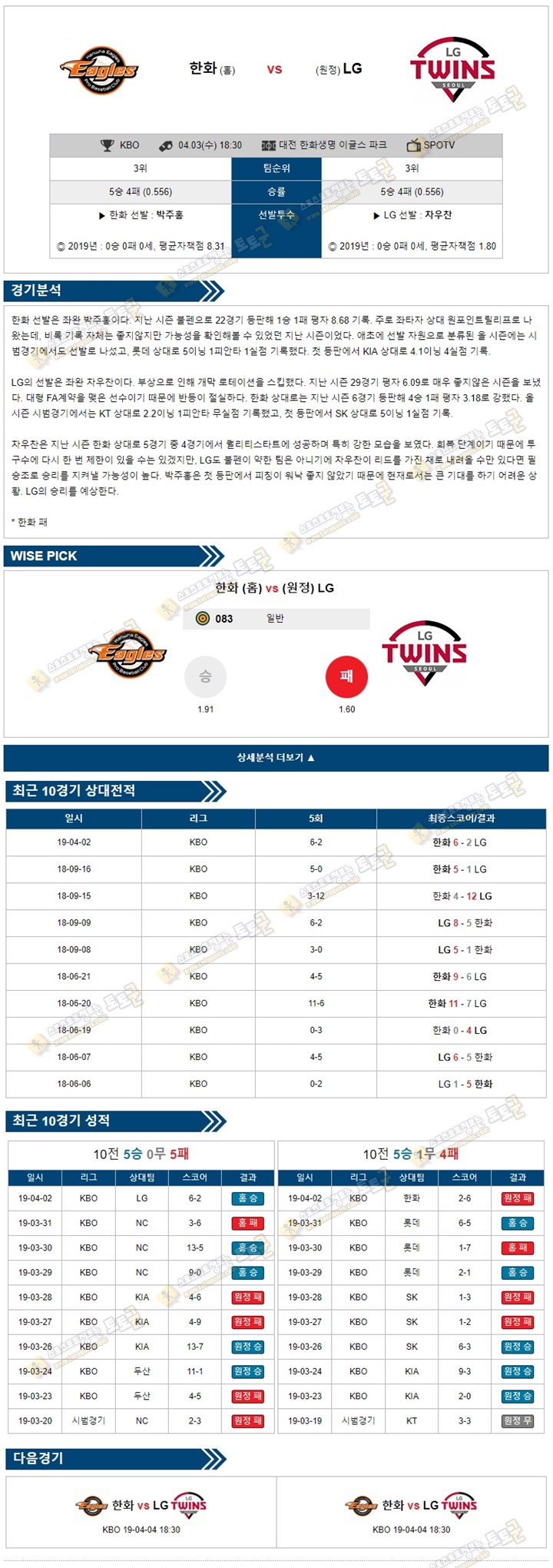 분석픽 KBO 4월03일 한화 vs LG 토토군 분석