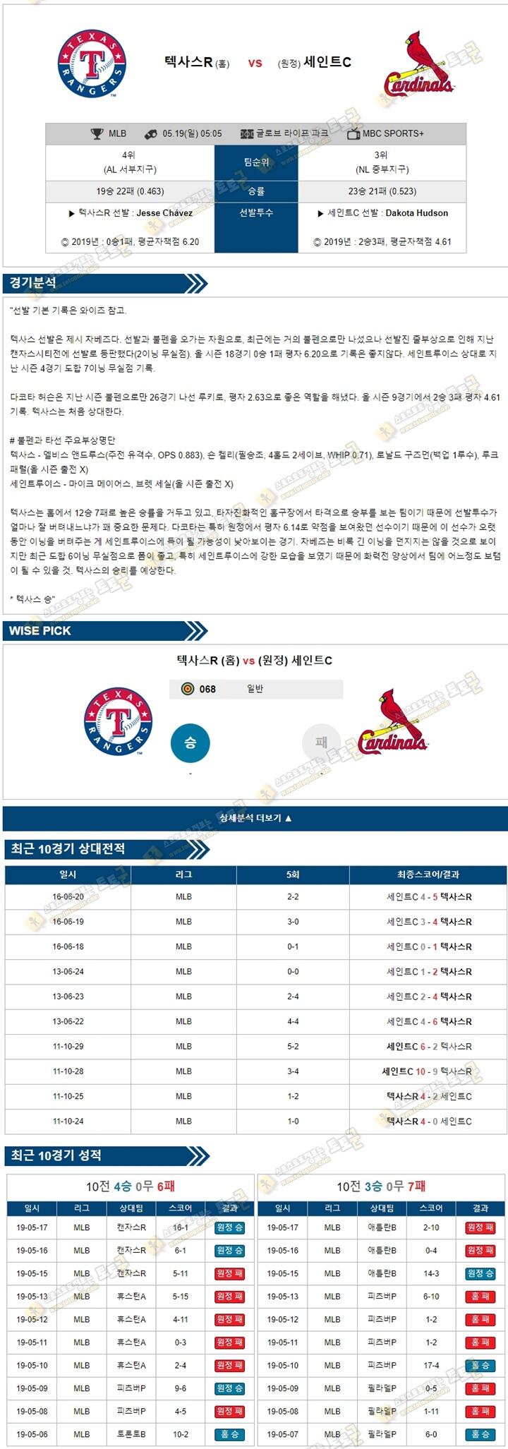 믈브분석 MLB 5월 19일 텍사스 vs 세인트루이스 토토군 분석