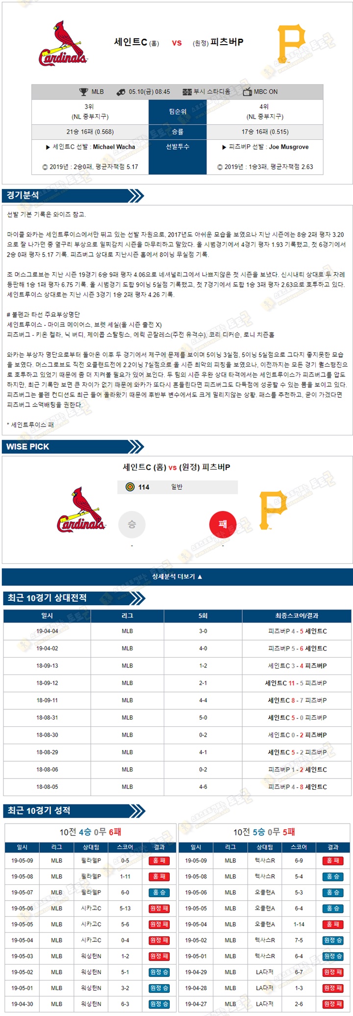 믈브분석 MLB 5월 10일 세인트루이스 vs 피츠버그 토토군 분석