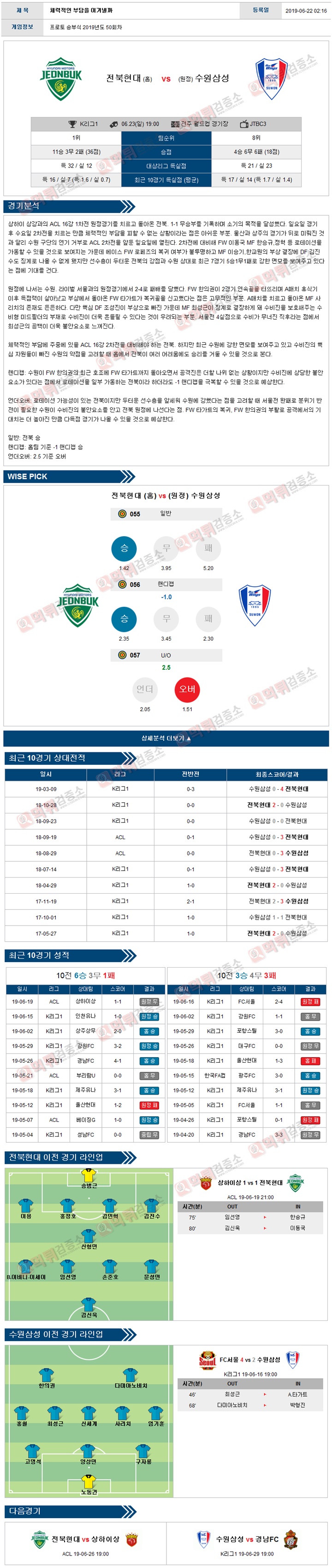 분석픽 K리그1 6월 23일 전북 수원 먹튀검증소 분석픽