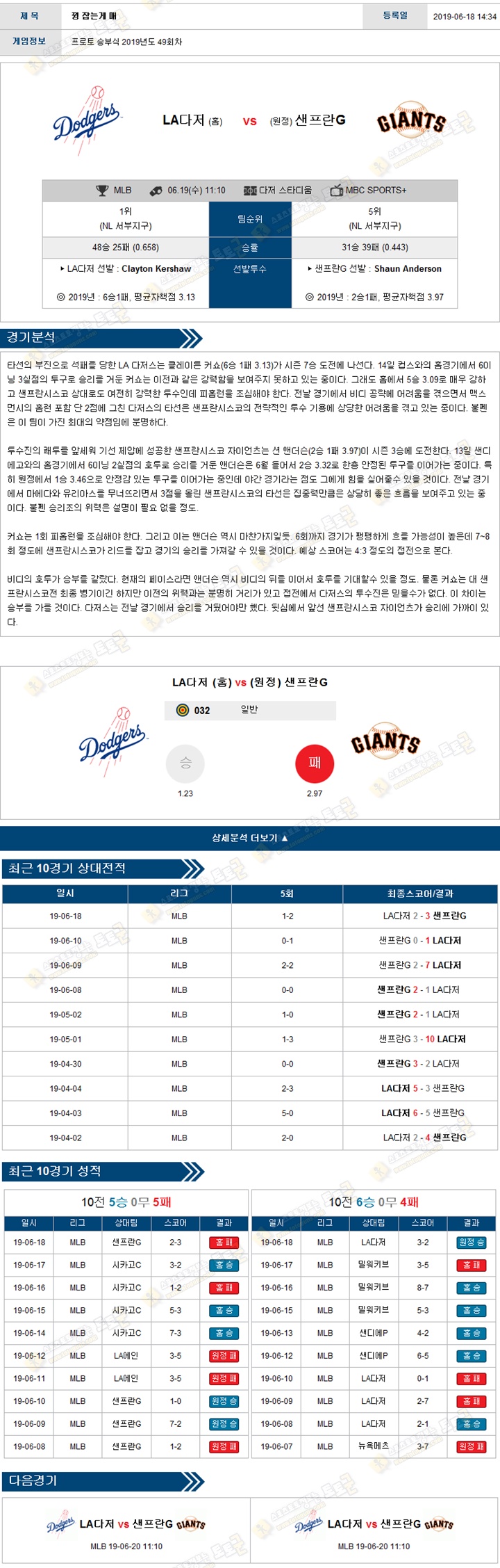 믈브분석 MLB 6월 19일 15경기 토토군 분석