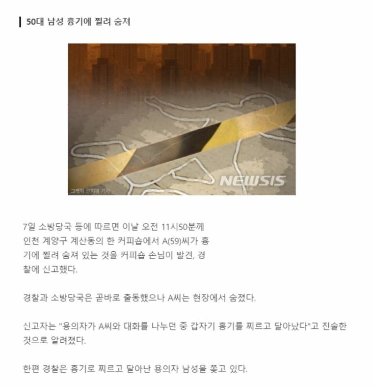 인천 커피숍서 살인 사건…용의자 추적