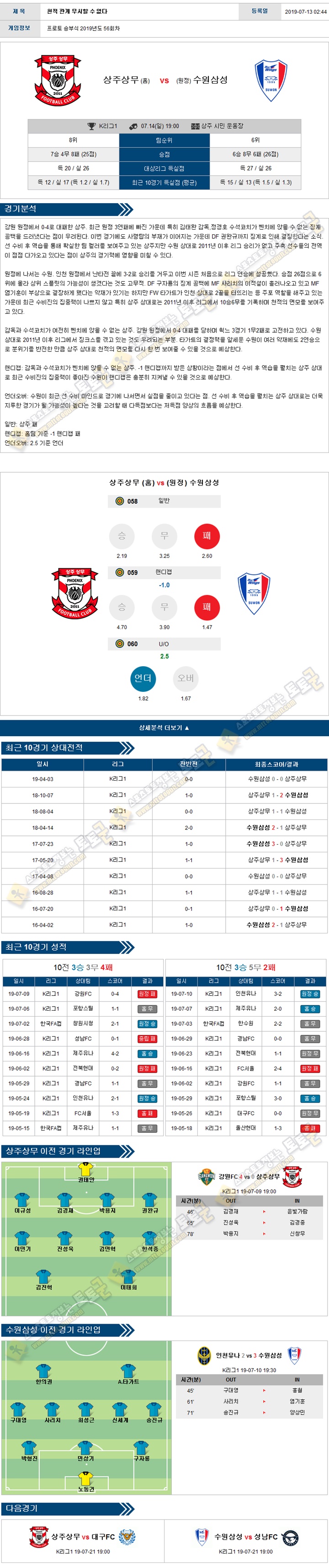 축구분석 K리그 7월 14일 3경기 토토군 분석