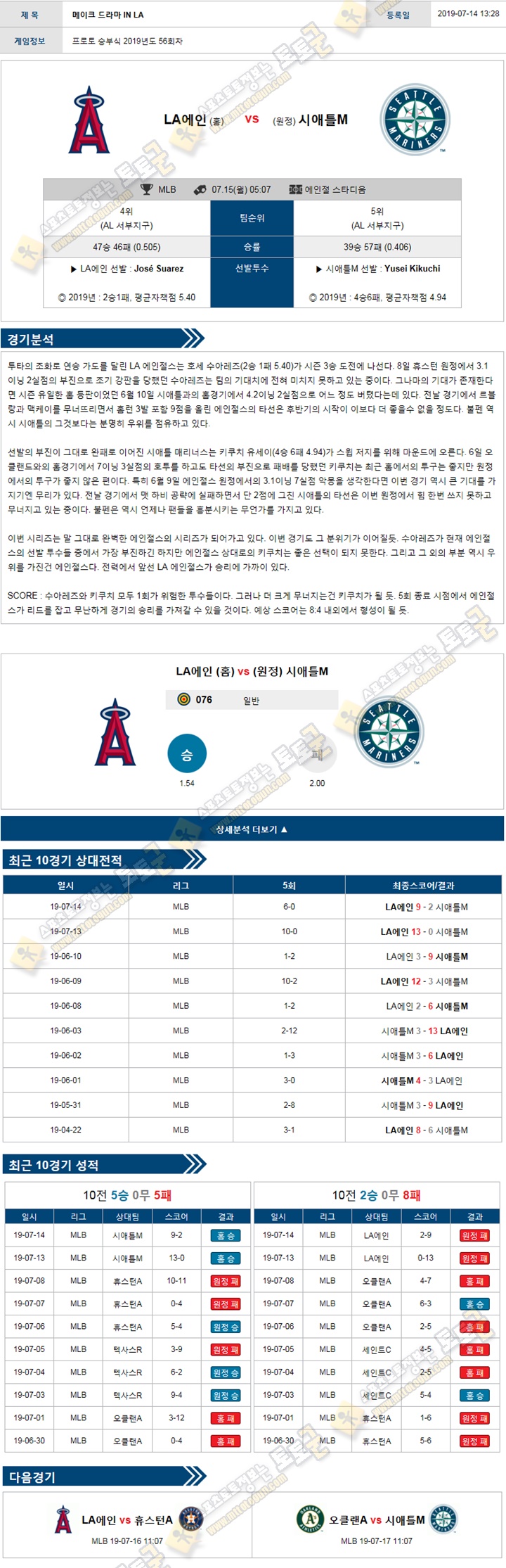 믈브분석 MLB 7월 15일 14경기 토토군 분석