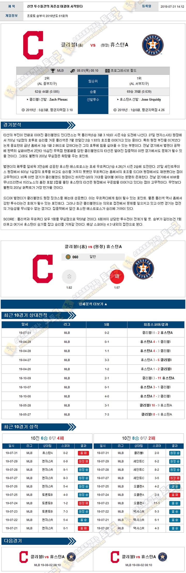 믈브분석 MLB 8월 01일 14경기 토토군 분석