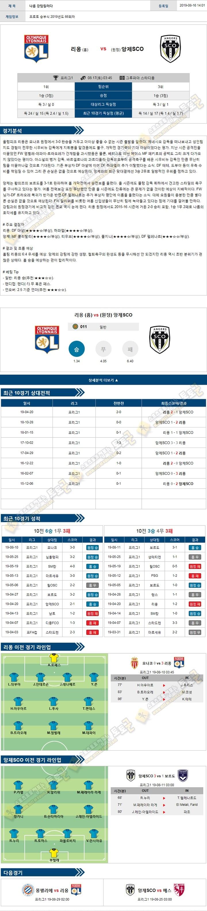 축구분석 리그앙 8월 17일 리옹 앙제 토토군 분석