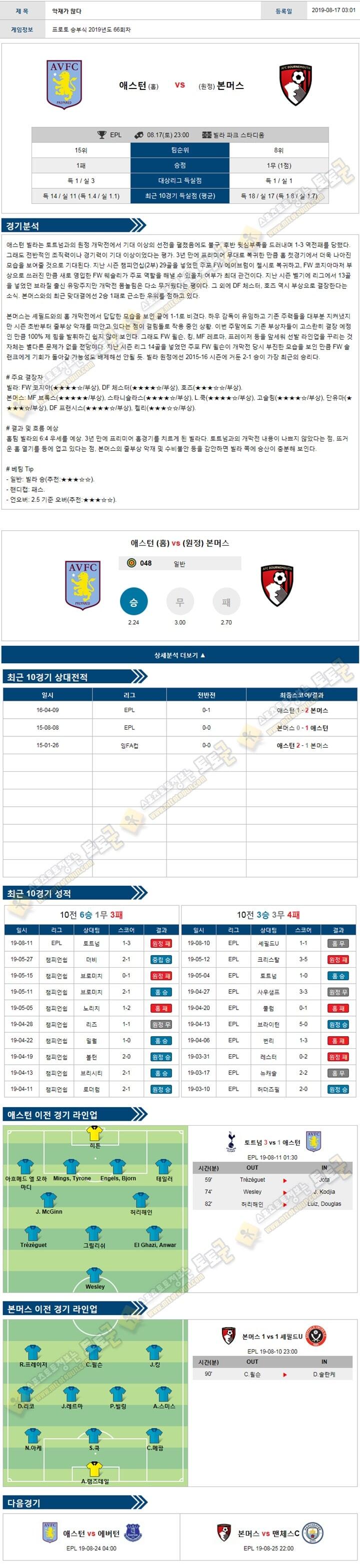 축구분석 프리미어리그 8월 17-18일 7경기 토토군 분석