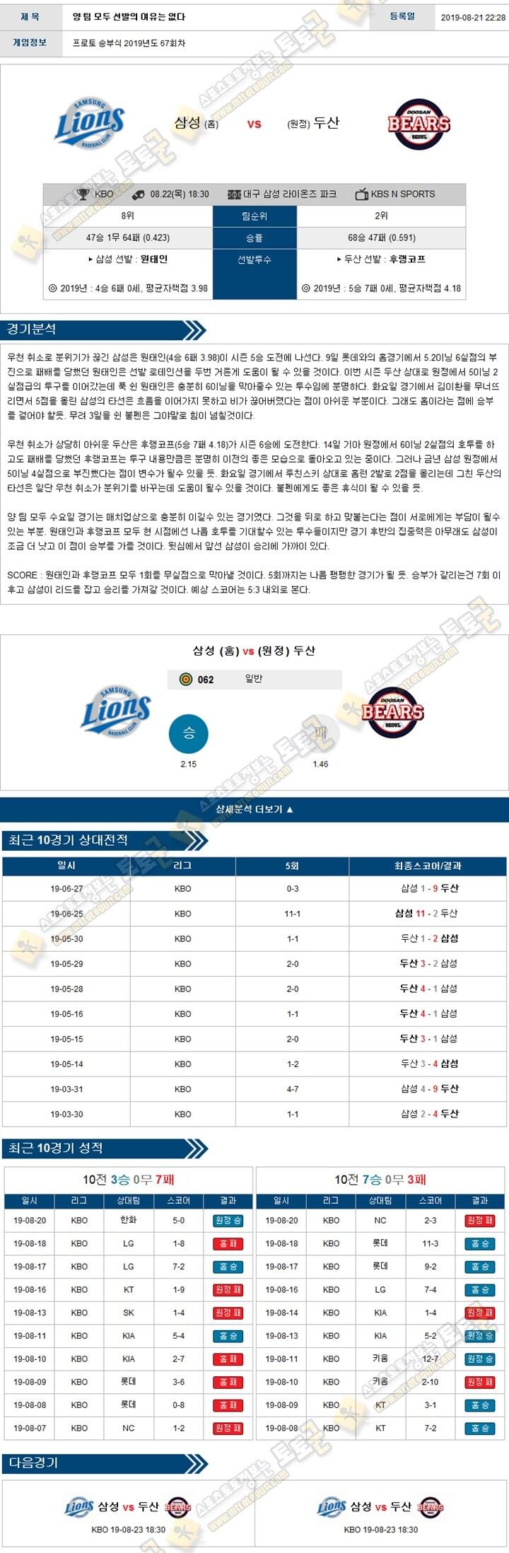 KBO분석 국야 08월 22일 5경기 토토군 분석