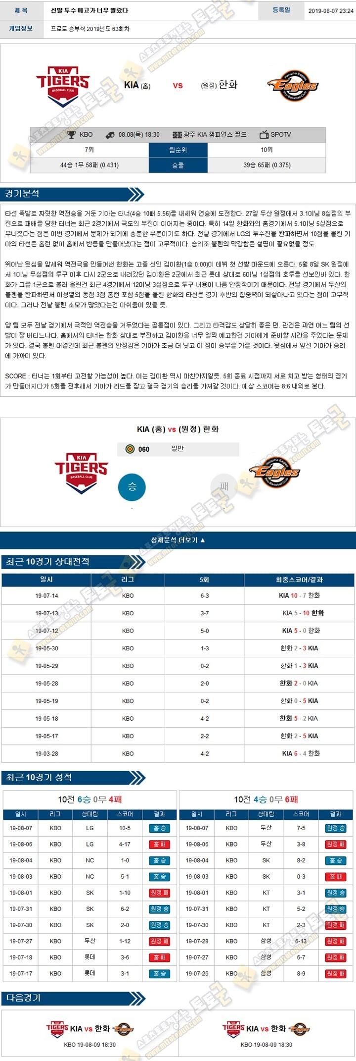 KBO분석 국야 08월 08일 5경기 토토군 분석