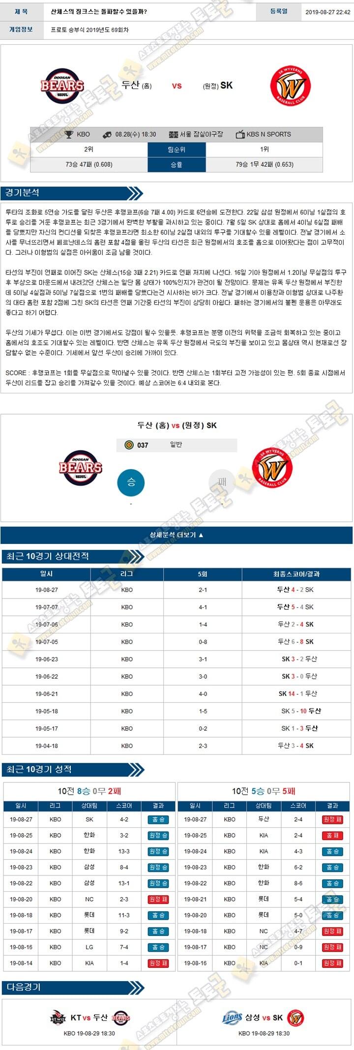 KBO분석 국야 08월 28일 5경기 토토군 분석