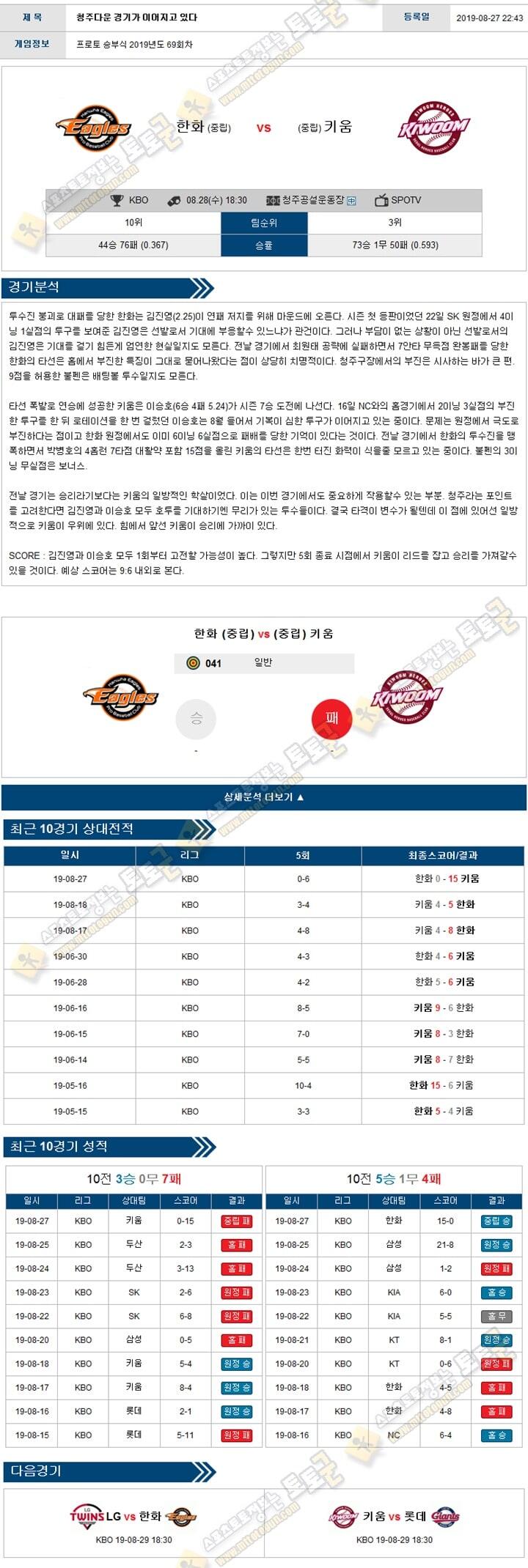 KBO분석 국야 08월 28일 5경기 토토군 분석