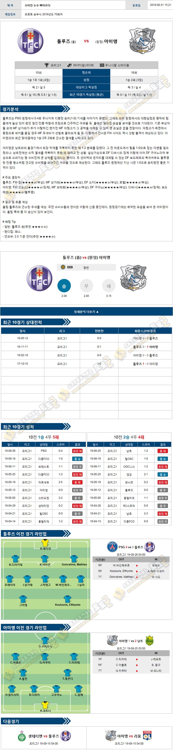 축구분석 리그앙 9월 1일 5경기 토토군 분석