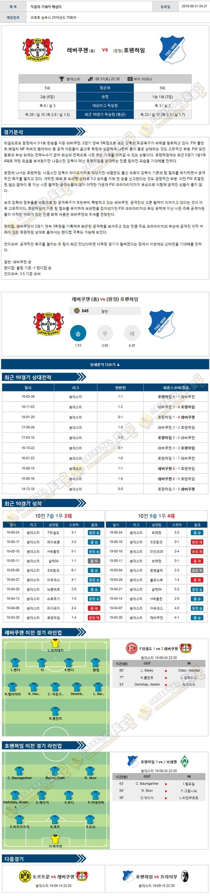 축구분석 분데스리가 8월 31일-9월 1일 5경기 토토군 분석