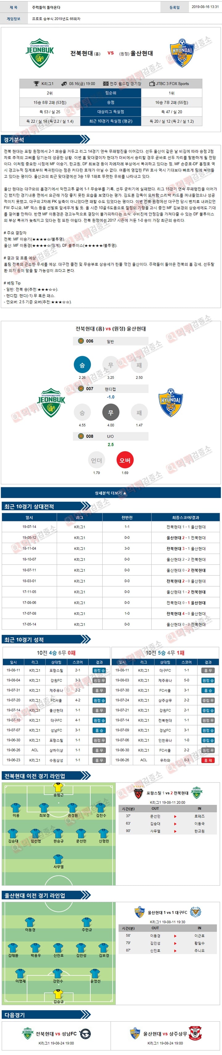 분석픽 K리그1 8월 16일 전북 울산 먹튀검증소 분석픽