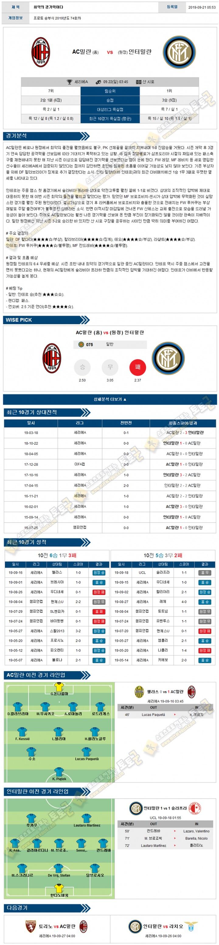 축구분석 세리에A 9월 21일-22일 2경기 경기분석 토토군 분석