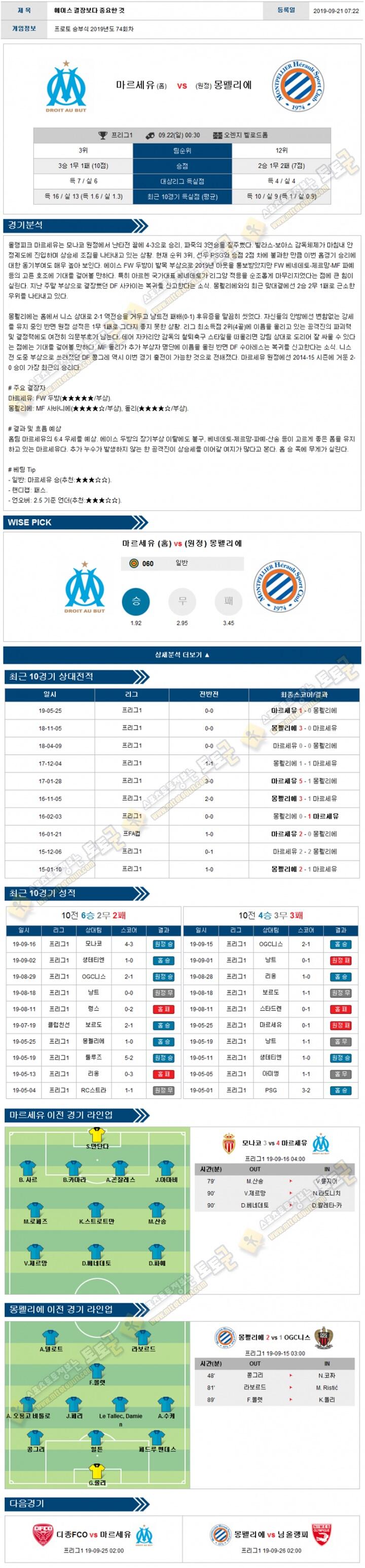 축구분석 리그앙 9월 22일 6경기 경기분석 토토군 분석