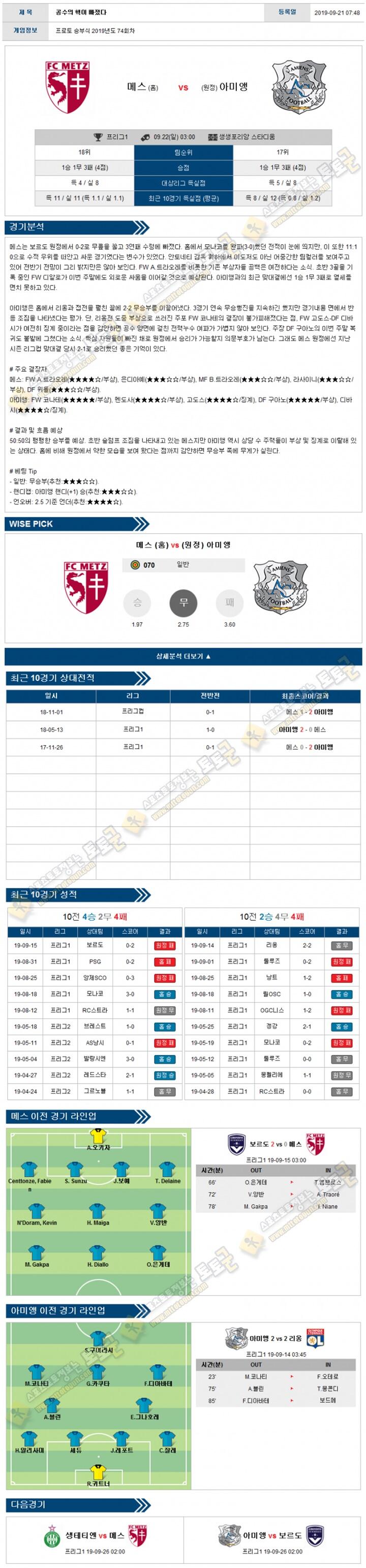 축구분석 리그앙 9월 22일 6경기 경기분석 토토군 분석