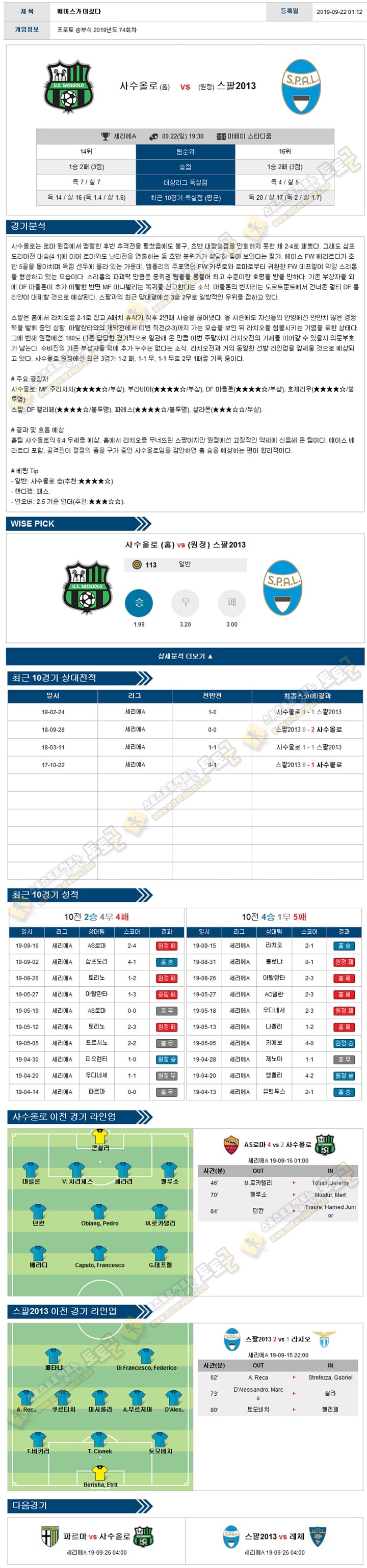 축구분석 세리에A 9월 22일-23일 6경기 경기분석 토토군 분석