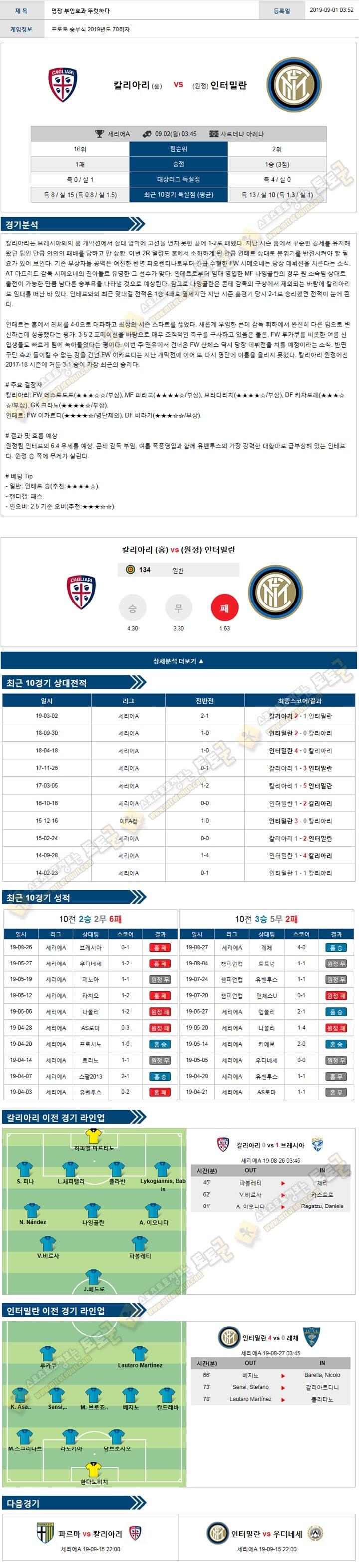 축구분석 세리에A 9월 2일 5경기 토토군 분석