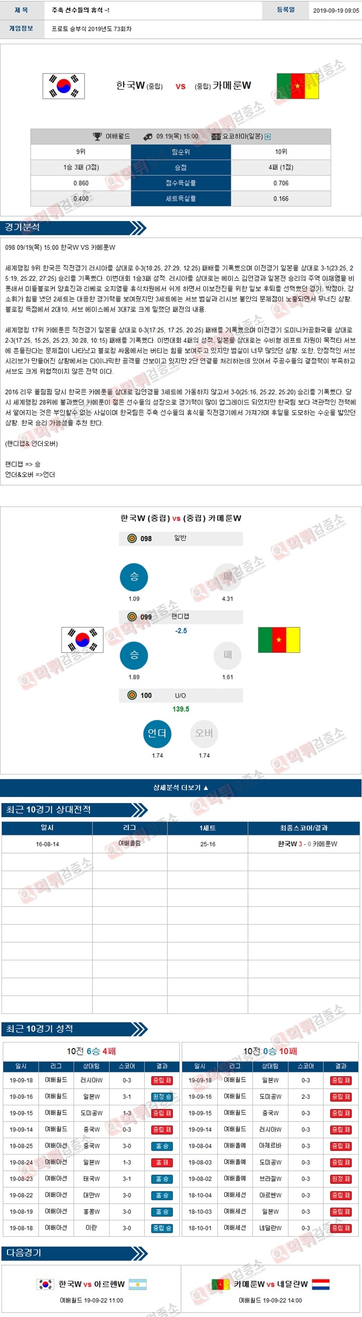 분석픽 여자배구월드컵 9월19일 대한민국 vs 카메룬  먹튀검증소 분석픽