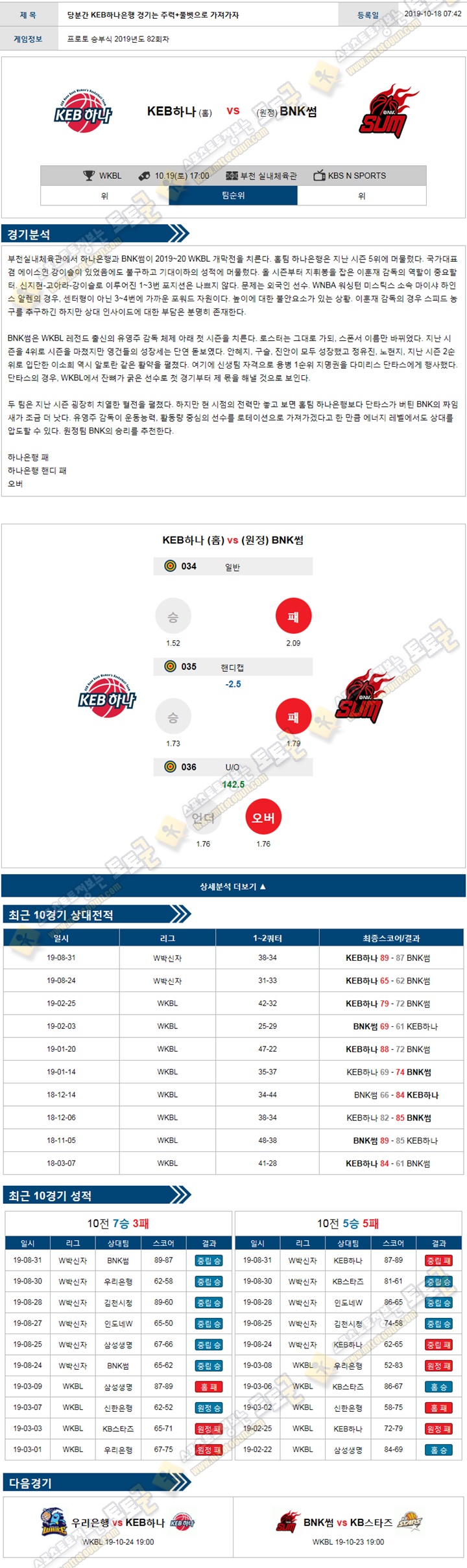 분석픽 WKBL 10월19일 KEB하나 BNK썸 토토군 분석