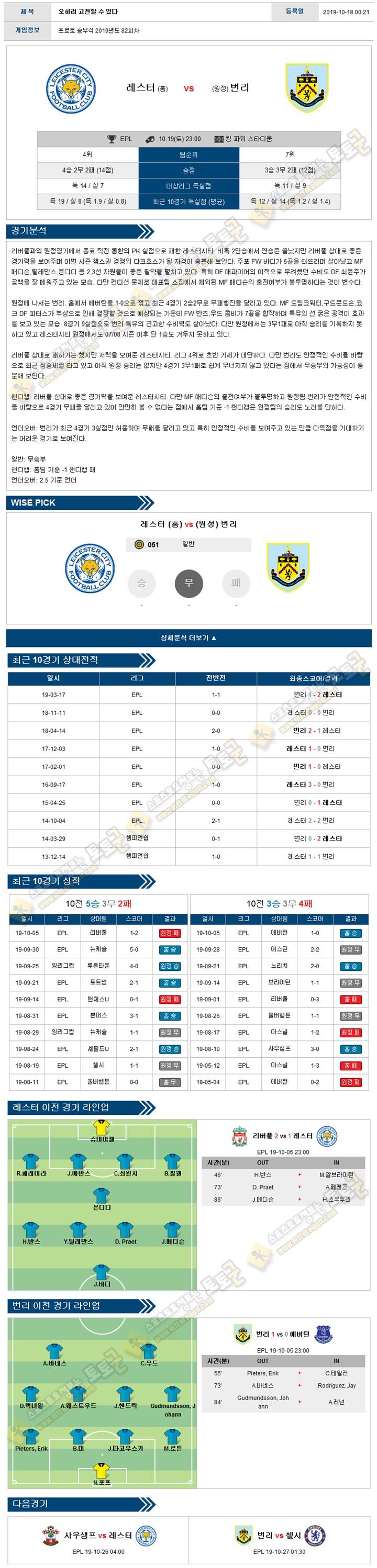 축구분석 프리미어리그 10월 19-20일 8경기 토토군 분석