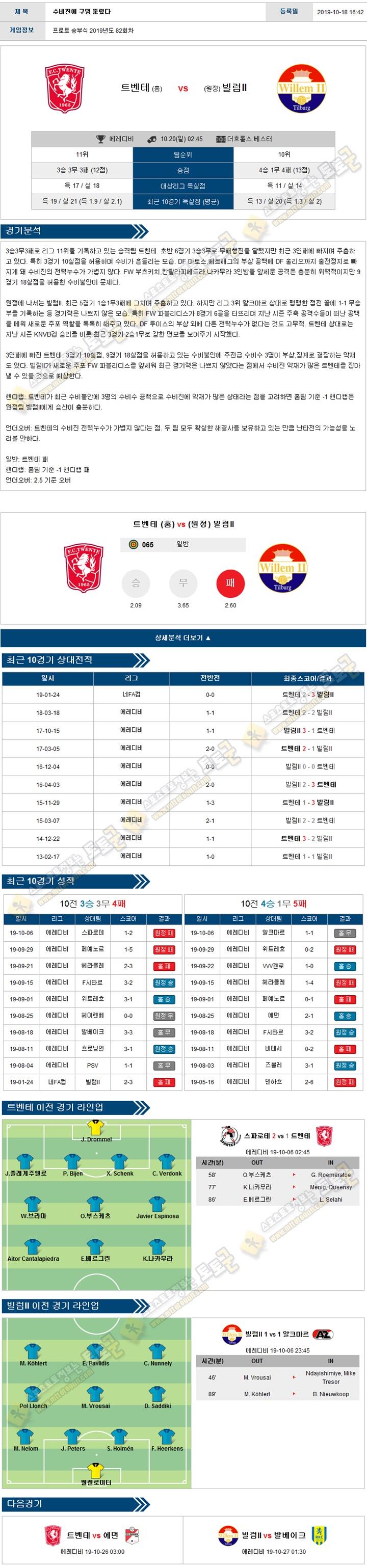 축구분석 에레디비 10월 20일 4경기 토토군 분석