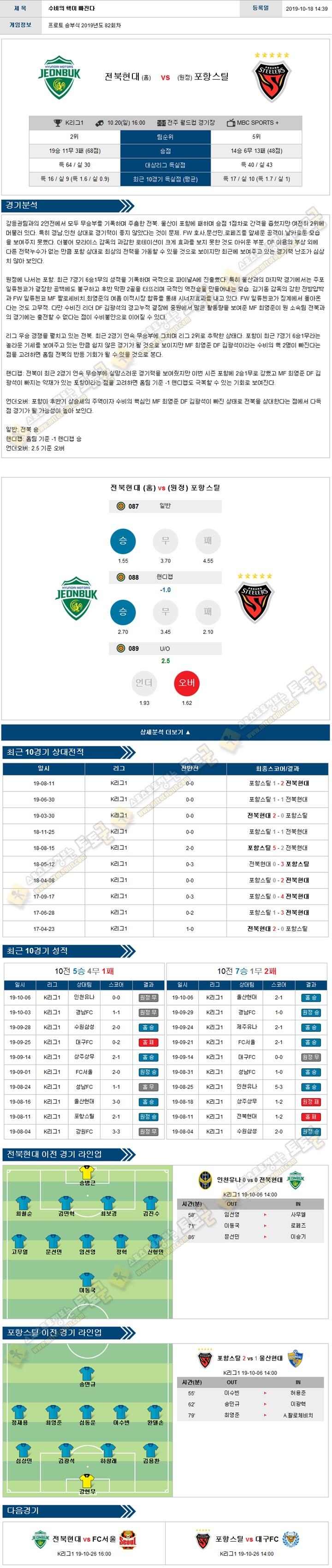 축구분석 K리그1 10월 20일 3경기 경기분석 토토군 분석