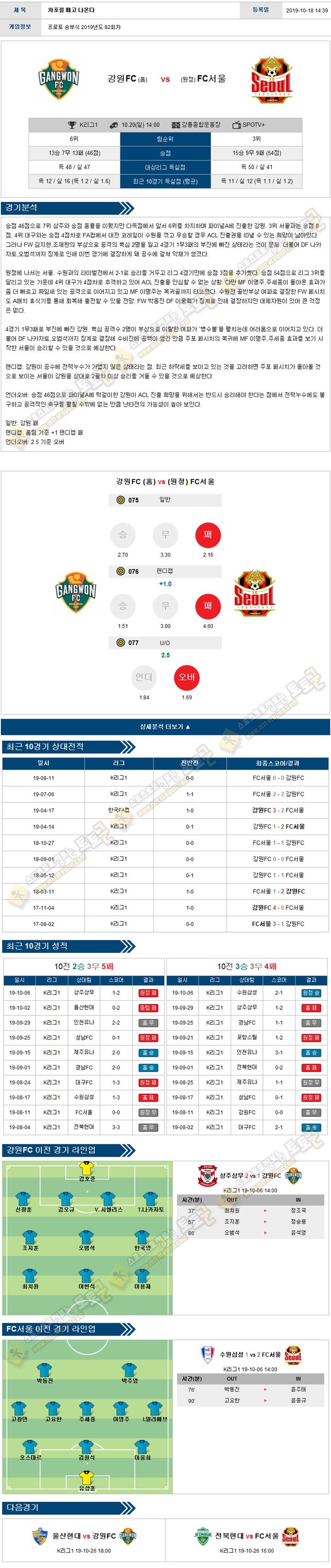 축구분석 K리그1 10월 20일 3경기 경기분석 토토군 분석