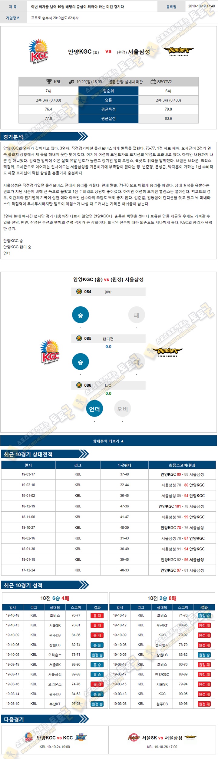 분석픽 KBL 10월 20일 4경기 토토군 분석