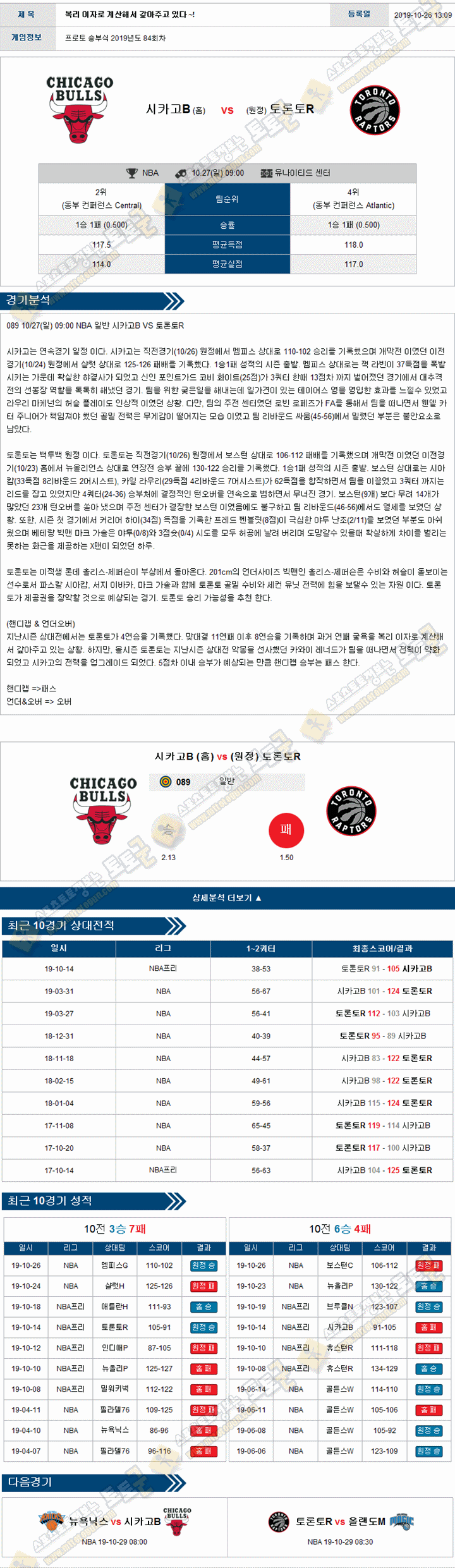 분석픽 NBA 10월 27일 10경기 토토군 분석