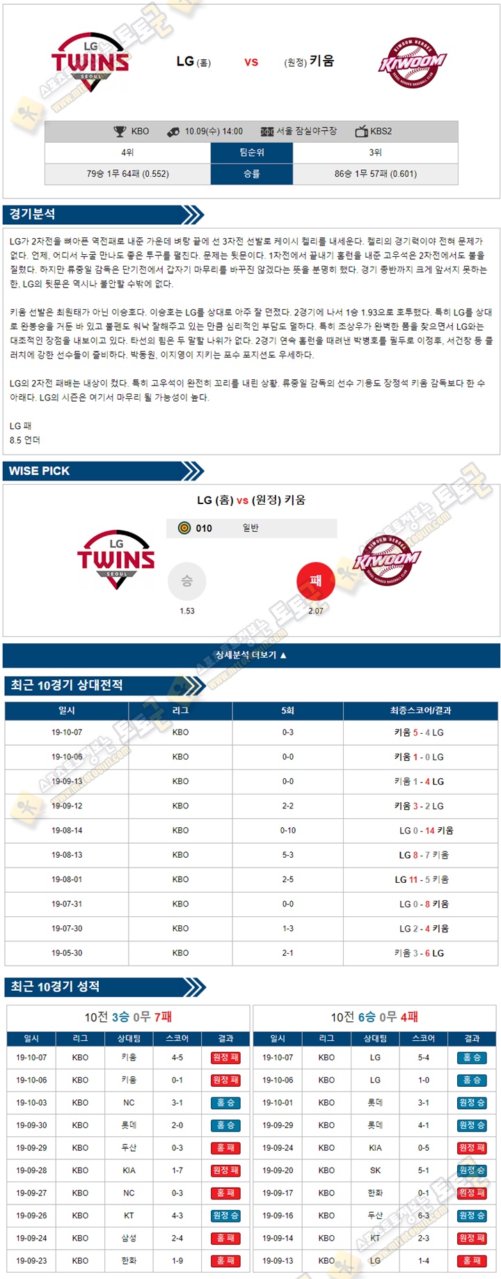 KBO 분석 국야 10월 09일 LG 키움 토토군 분석