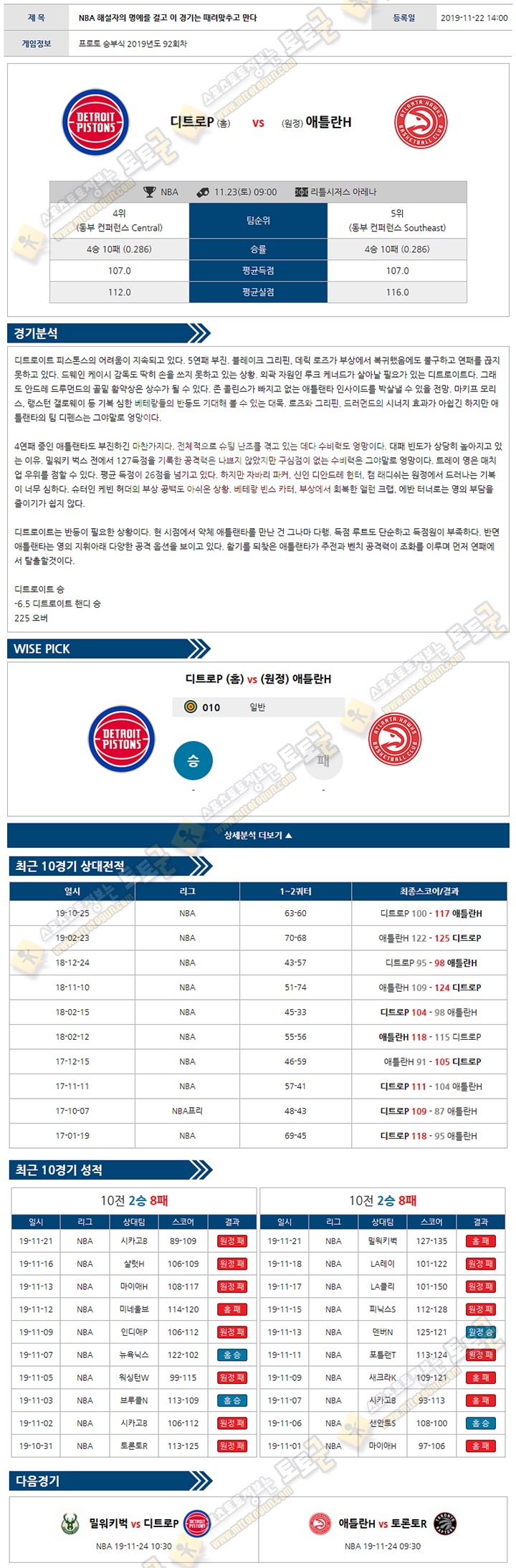 분석픽 NBA 11월 23일 10경기 토토군 분석