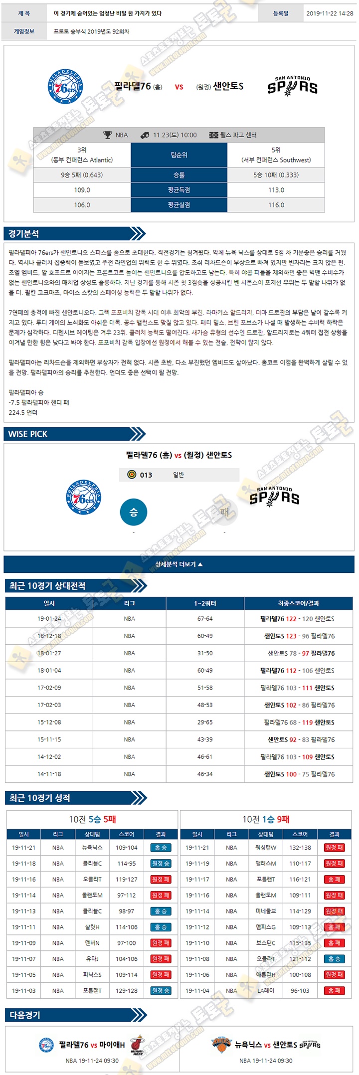 분석픽 NBA 11월 23일 10경기 토토군 분석