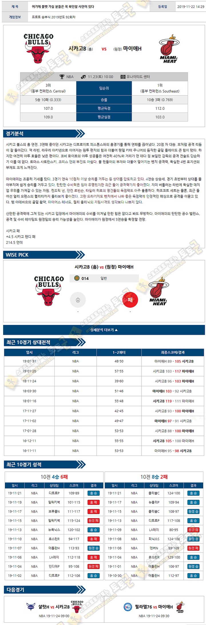 분석픽 NBA 11월 23일 10경기 토토군 분석