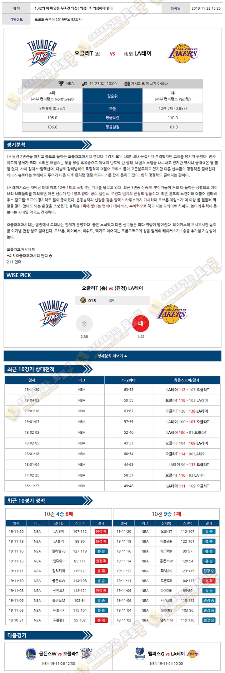 분석픽 NBA 11월 23일 10경기 토토군 분석