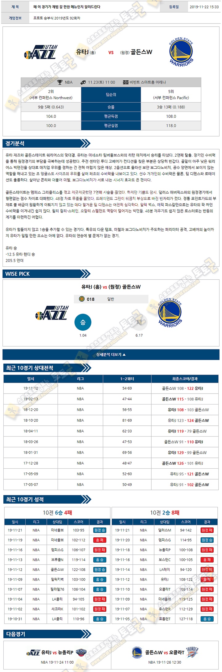 분석픽 NBA 11월 23일 10경기 토토군 분석