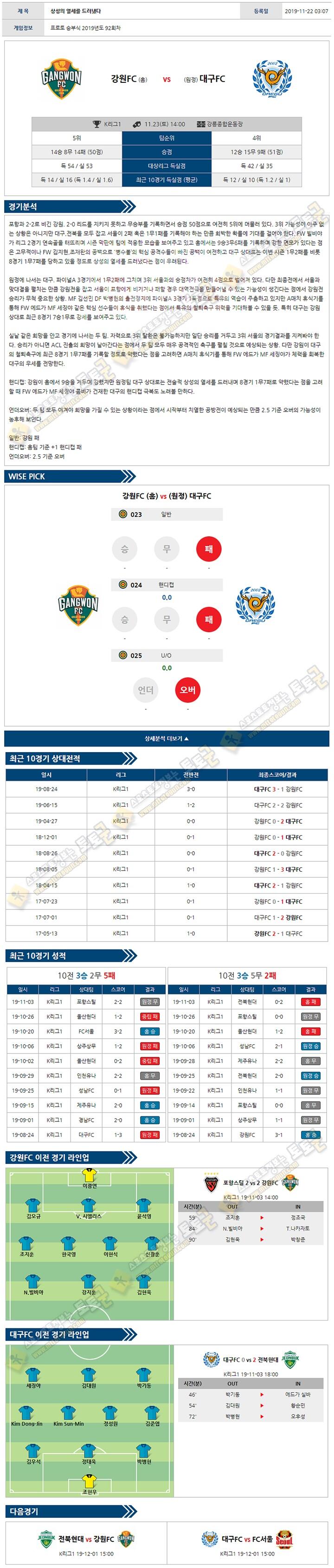 축구분석 K리그1 11월 23일 3경기 토토군 분석