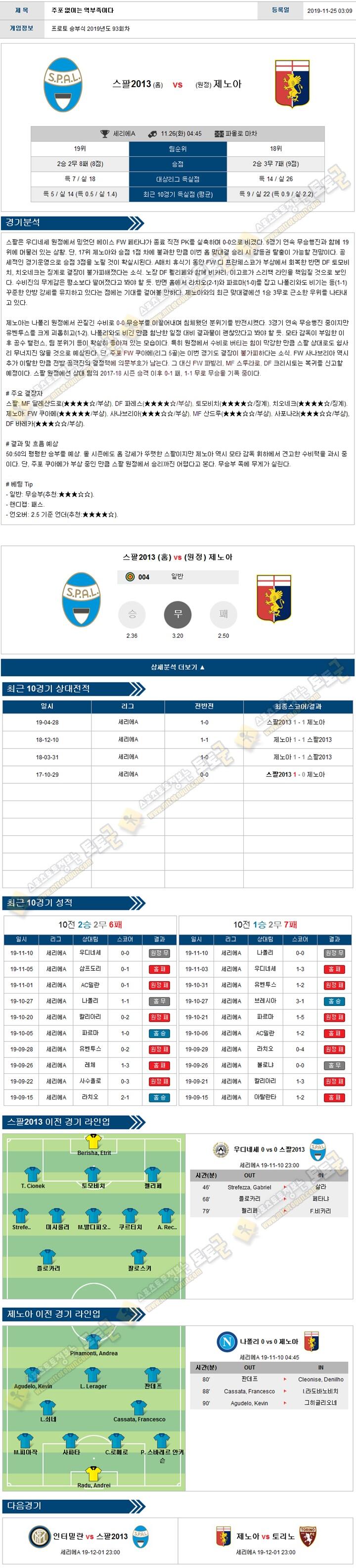 축구분석 세리에A 11월 26일 스팔 제노아 토토군 분석